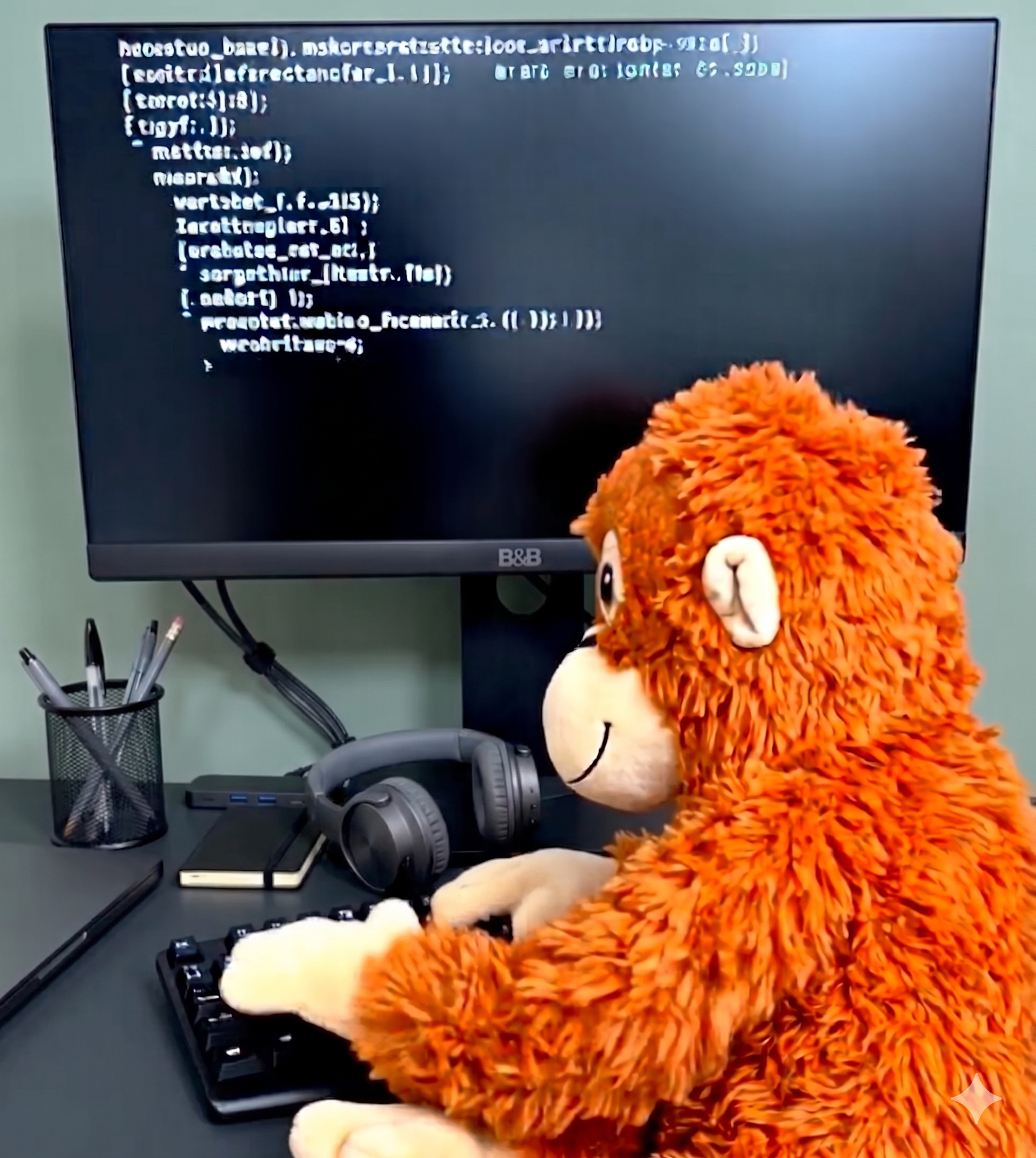 Orange plush monkey typing on a keyboard at a desk, with a monitor showing lines of code in the background